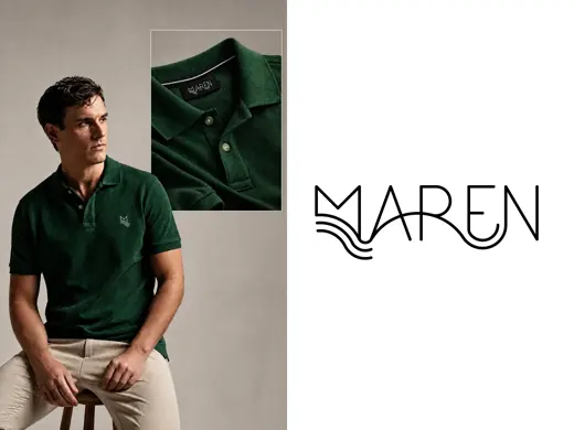 Maren — polo shirt and logo lockup