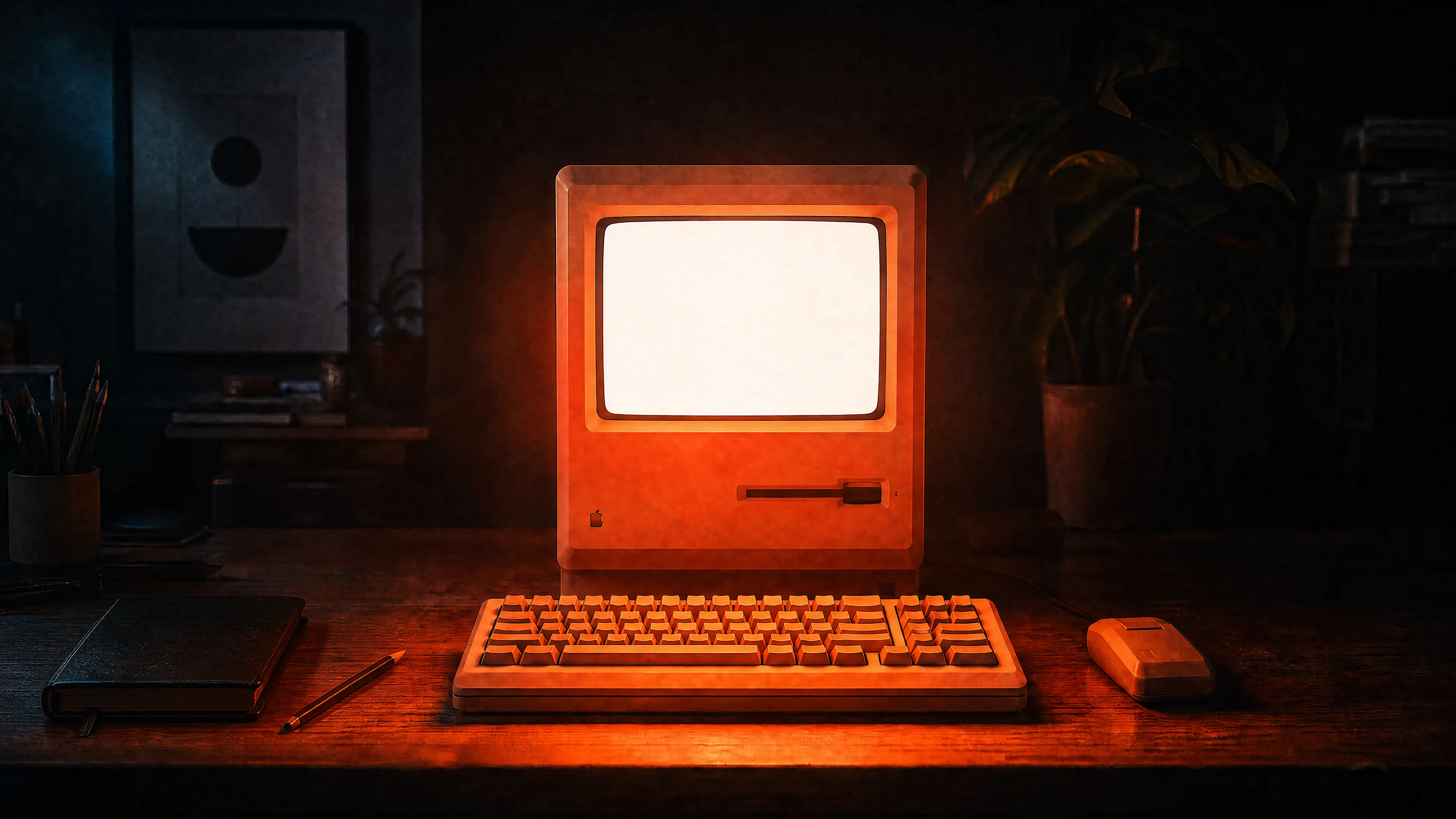 Vintage Macintosh-style computer on a dark wooden desk, lit by a warm orange glow.
